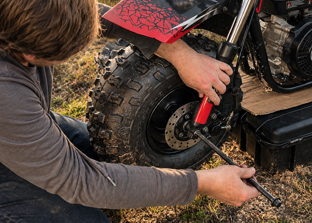 Man holding tool at front of FatCat Mini Bike doing bike maintenance