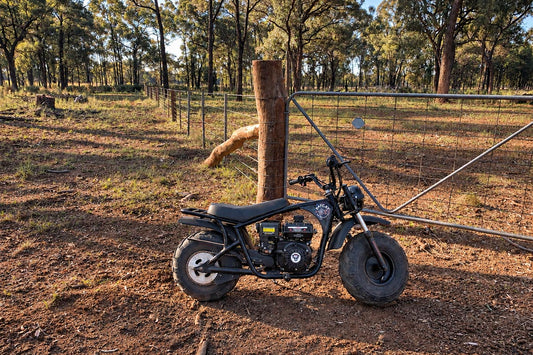 FatCat Mini Bike parked on rural property by gate and gate post