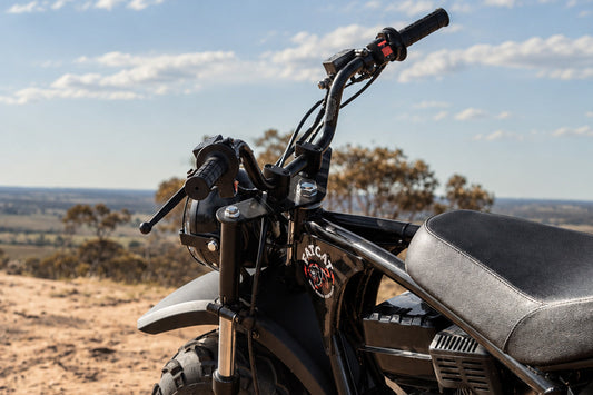 Close up of front of FatCat Mini Bike parked on sand near bush