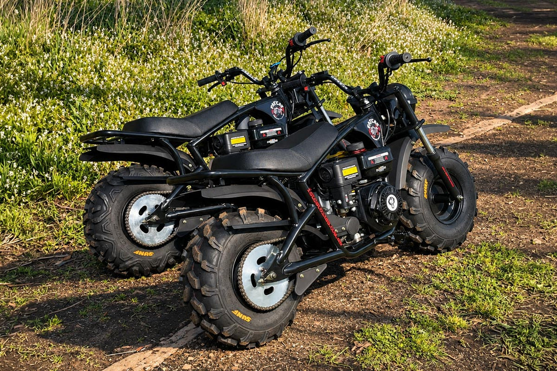 Two FatCat Mini Bikes side by side on dirt track