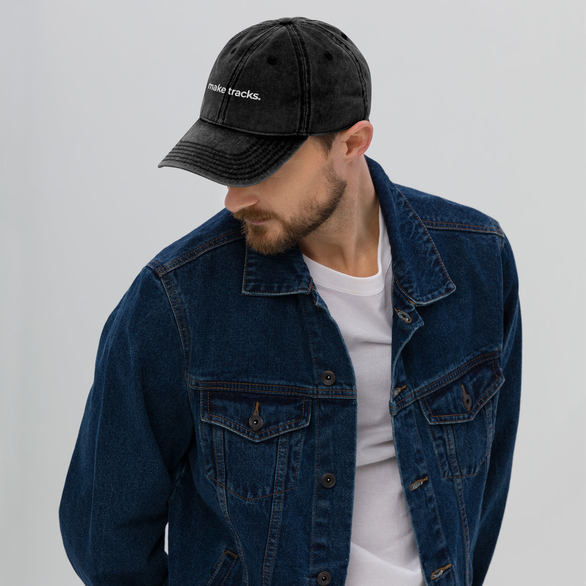 Man wearing the Make Tracks vintage cap